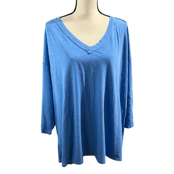 LOGO Lori Goldstein NEW Womens 100% Cotton Slub Blue V-Neck 3/4 Sleeve Top Sz 1X - Picture 2 of 7